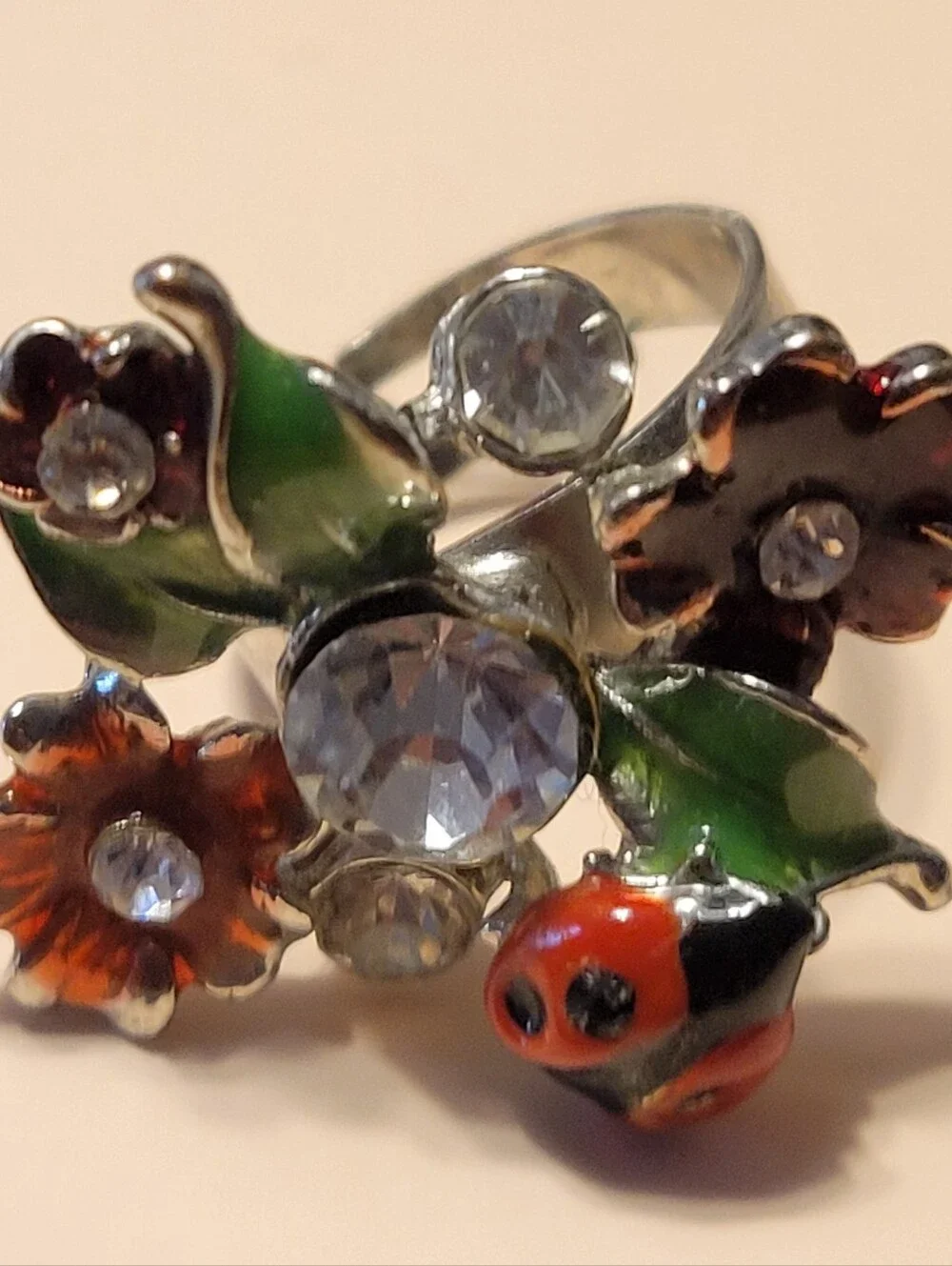 Silver Floral Ring with Green Leaves and Red Ladybug Accent Size 6